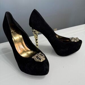 Black Suede Statement Heels – Gold Faceted Stiletto + Rhinestone‎ Tiger – Size 8